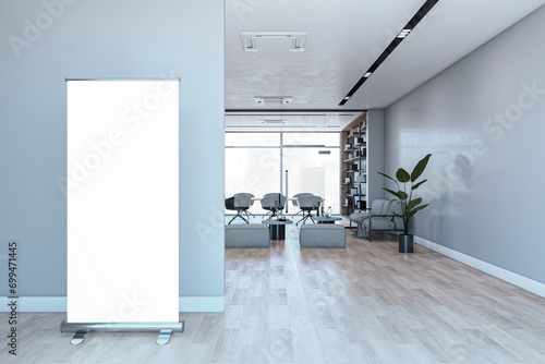 Modern meeting room interior with empty white mock up, roll-up billboard, window and city view, waiting area. 3D Rendering photo