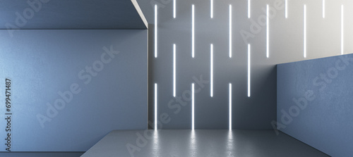 Wide gray concrete interior with podium and linear lamps on wall. 3D Rendering.