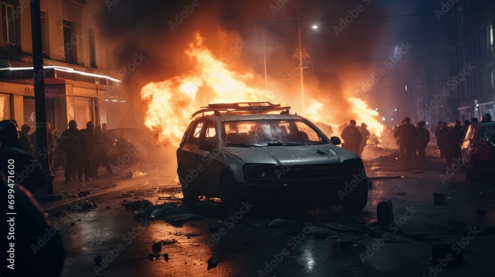 A documentary photo of revolutionary riots and protests. burning building and cars in the city. special force police with equipment catching protesters in the night A documentary photo of revolutionary riots and protests. burning building and cars in the city. special force police with equipment catching protesters in the night