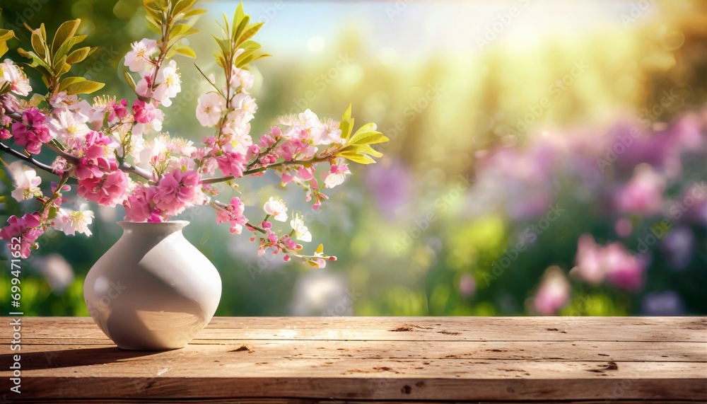 Twigs covered with pink flowers in a vase on a wooden tabletop, with a blooming garden in the background. Spring background with space for text - obrazy, fototapety, plakaty 
