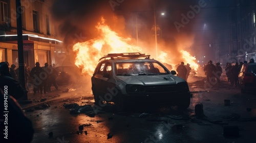 A documentary photo of revolutionary riots and protests. burning building and cars in the city. special force police with equipment catching protesters in the night