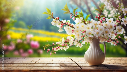 Białe gałązki wiśni pokryte białymi kwiatami w wazonie na drewnianym blacie. W tle kwitnące rośliny ogrodowe. Wiosenne tło