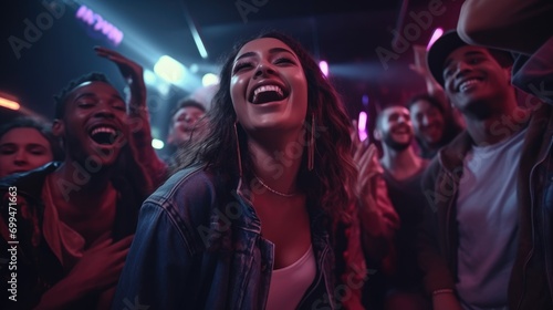 A group of diverse young friends singing at a karaoke party in a night club, laughing and having fun together