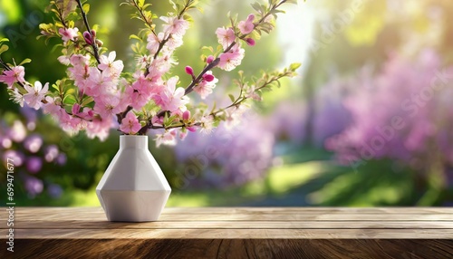 Gałązki pokryte różowymi kwiatami w wazonie na drewnianymi blacie, w tle kwitnący ogród. Wiosenne tło z miejscem na tekst