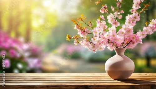 Twigs covered with pink flowers in a vase on a wooden tabletop, with a blooming garden in the background. Spring background with space for text