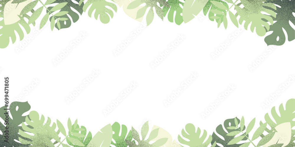tropical leaves background. monstera, palm, leaf free white space for text. top and bottom border.