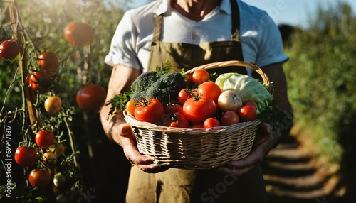 Mężczyzna trzymający w rękach kosz z warzywami. Ogrodnictwo, uprawa warzyw, jedzenie organiczne © Monika