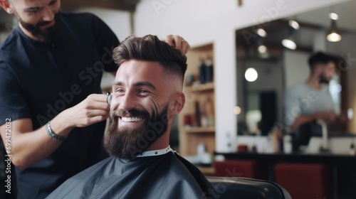 A handsome model man with a beard in the hairdresser barbershop salon gets a new haircut trim and style it. sitting on the chair and talks to the hairstylist barber. guy smiling