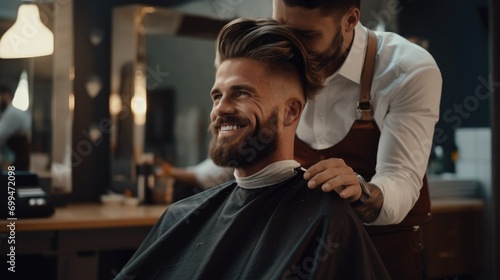 A handsome model man with a beard in the hairdresser barbershop salon gets a new haircut trim and style it. sitting on the chair and talks to the hairstylist barber. guy smiling photo