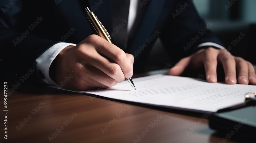 A male businessman with a suit signing a document with his pen by writing down his signature. filling out a paper blank check form paper on a desk in business office A male businessman with a suit signing a document with his pen by writing down his signature. filling out a paper blank check form paper on a desk in business office