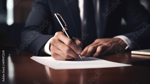 A male businessman with a suit signing a document with his pen by writing down his signature. filling out a paper blank check form paper on a desk in business office