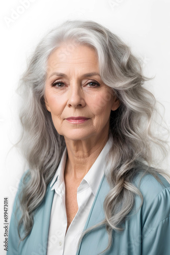 Portrait of beautiful senior business woman on a light background. Grey haired lady professional looking at camera