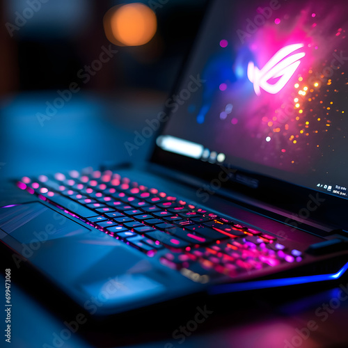 Image of an ASUS gaming laptop with RGB lighting, taken with a macro lens to show the details and high-tech design.--v6.0 Generative AI