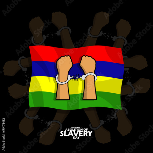 Abolition of Slavery Day event banner. Illustration of a pair of hands with broken handcuffs on Mauritius flag, with bold text on black background to commemorate on February 1 in Mauritius