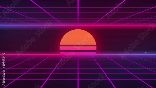 4K futuristic synthwave 80s style retro background video. Sci-fi seamless looping animation with two grid and the sunset in the middle. photo