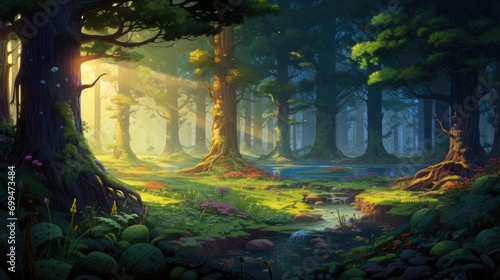 sunlit path through enchanted woods. a serene forest trail with warm morning rays for storybook themes © StraSyP