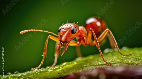 A closeup macro shot of a small tiny red ant on a leaf © Zainab