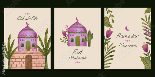 Islamic greeting card with flower and plant illustration for ramadan  eid mubarak  islamic day.