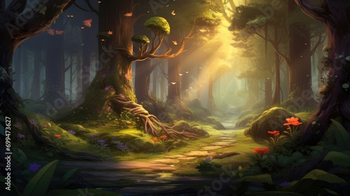 enchanted forest scenery with mystical sunrays. magical woodland landscape for fantasy backgrounds photo