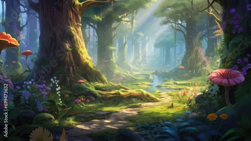 inviting forest trail in lush woodlands. sun-kissed clearing for adventure and exploration concepts