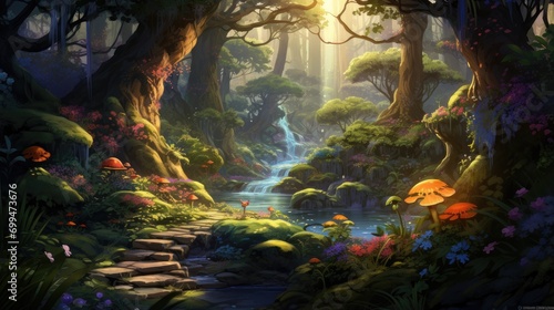 fairytale woodland at dawn. serene forest with golden light streaming through trees for storybook illustrations photo