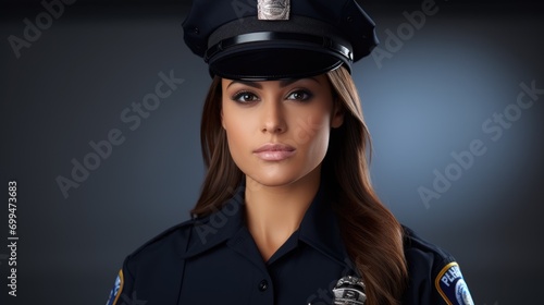 A closeup photo a white latina american nyc female police office with uniform and hat standing. isolated on white background photo