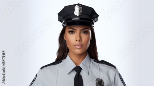 A closeup photo a white latina american nyc female police office with uniform and hat standing. isolated on white background