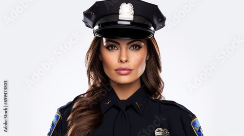 A closeup photo a white latina american nyc female police office with uniform and hat standing. isolated on white background