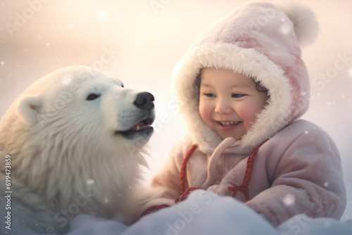A rosy-cheeked baby with a fluffy baby polar bear in a snowy landscape © artefacti
