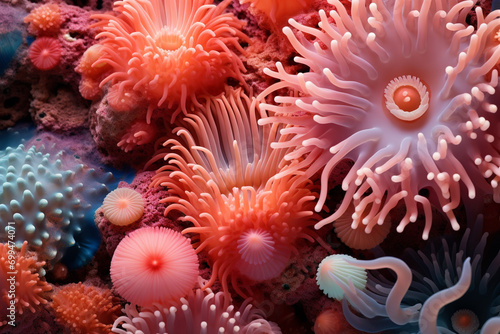 Macro exploration of vibrant coral polyps underwater, revealing the intricate ecosystem beneath the ocean's surface.