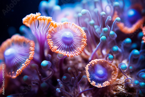 Macro exploration of vibrant coral polyps underwater, revealing the intricate ecosystem beneath the ocean's surface.