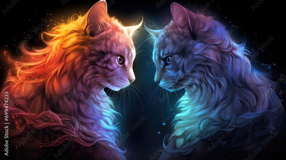 ethereal cats of fire and water. a mesmerizing digital painting perfect for home decor, animal art enthusiasts, and fantasy art galleries