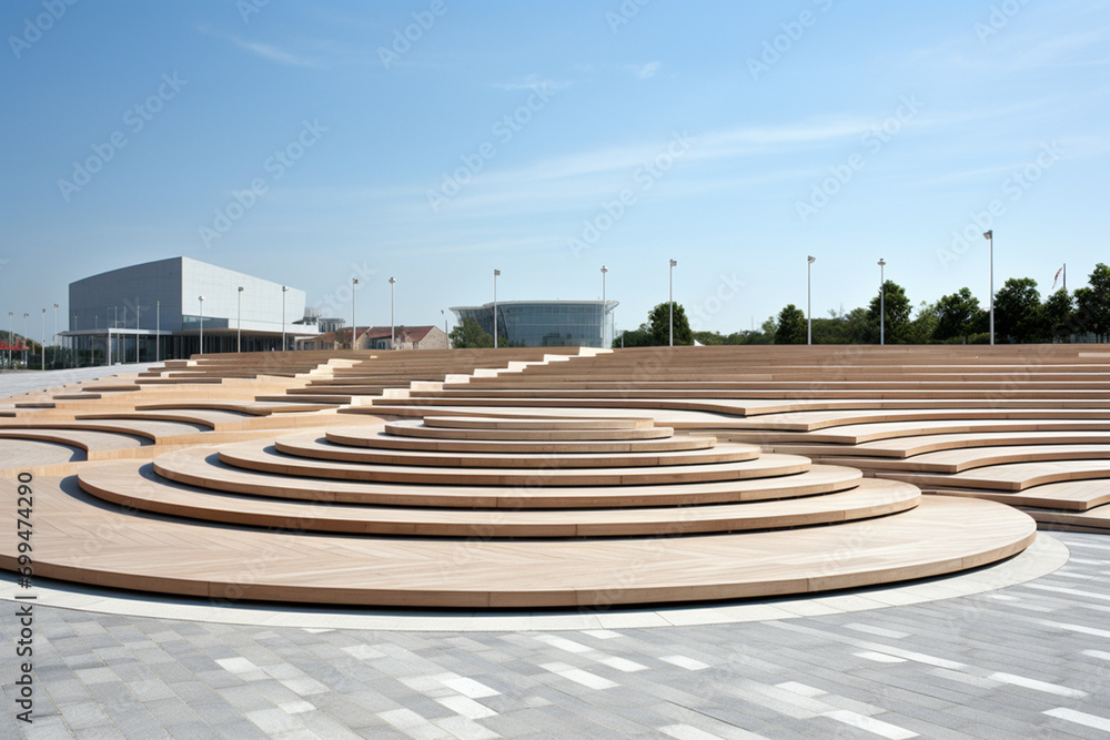 A modern amphitheater with tiered seating, combining functionality and contemporary design. A modern amphitheater with tiered seating, combining functionality and contemporary design.