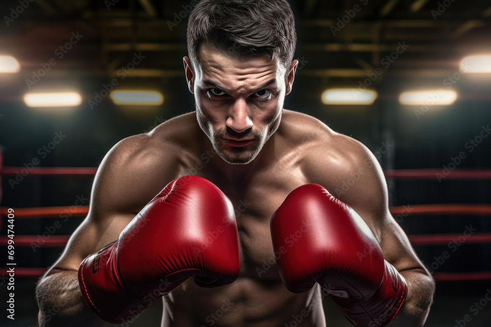 Sexy boxer, male, 32 years old, Mediterranean, in boxing gloves and gear, in a boxing ring, capturing the intensity and focus in his eyes