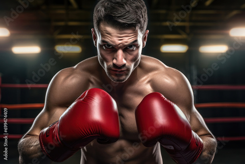 Sexy boxer, male, 32 years old, Mediterranean, in boxing gloves and gear, in a boxing ring, capturing the intensity and focus in his eyes © Hanna Haradzetska