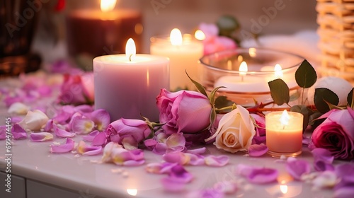 Relaxing spa scene with white lavender candles  colorful flowers  and soothing music