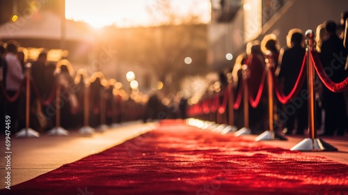 A empty red carpet waiting for the arrival of the famous star celebrities. paparazzi and journalists with photo and video cameras photo