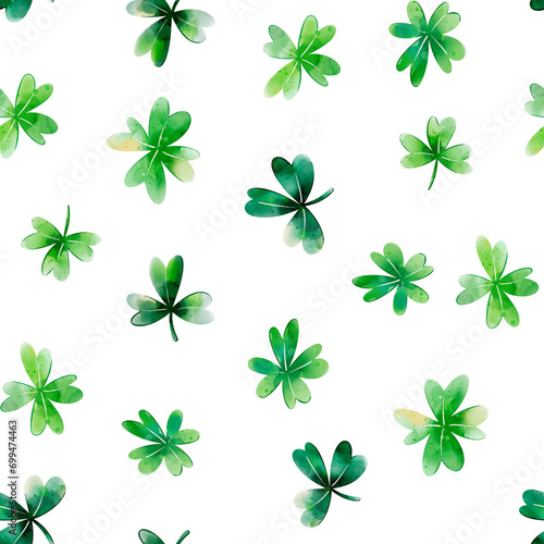 Cute pattern for St Patricks Day with green clover. Digital watercolor illustration