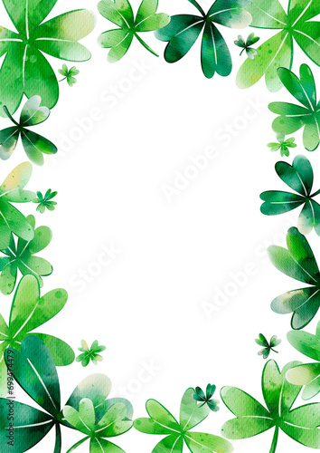 Frame of clover for Happy Patricks day postcard with copyspace  template for invitation to Irish holiday for print. Digital watercolor illustration