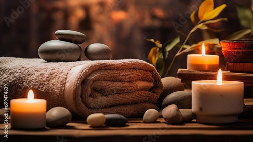 Relaxing autumn spa setting with candles, stones and towel in warm colors