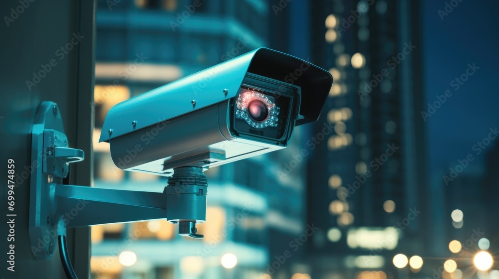 A modern security camera on a building in a city in the night with light and transport with blurred background A modern security camera on a building in a city in the night with light and transport with blurred background