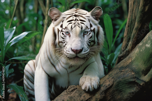 A powerful image of a white tiger with a penetrating stare, symbolizing strength, rarity, and exclusivity, ideal for luxury branding. © Oleksandr