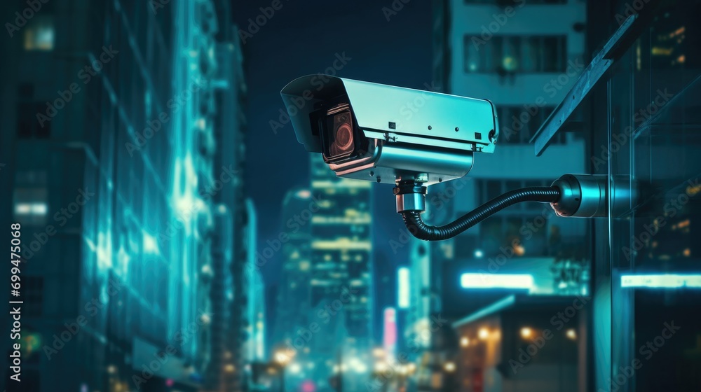 A modern security camera on a building in a city in the night with light and transport with blurred background A modern security camera on a building in a city in the night with light and transport with blurred background