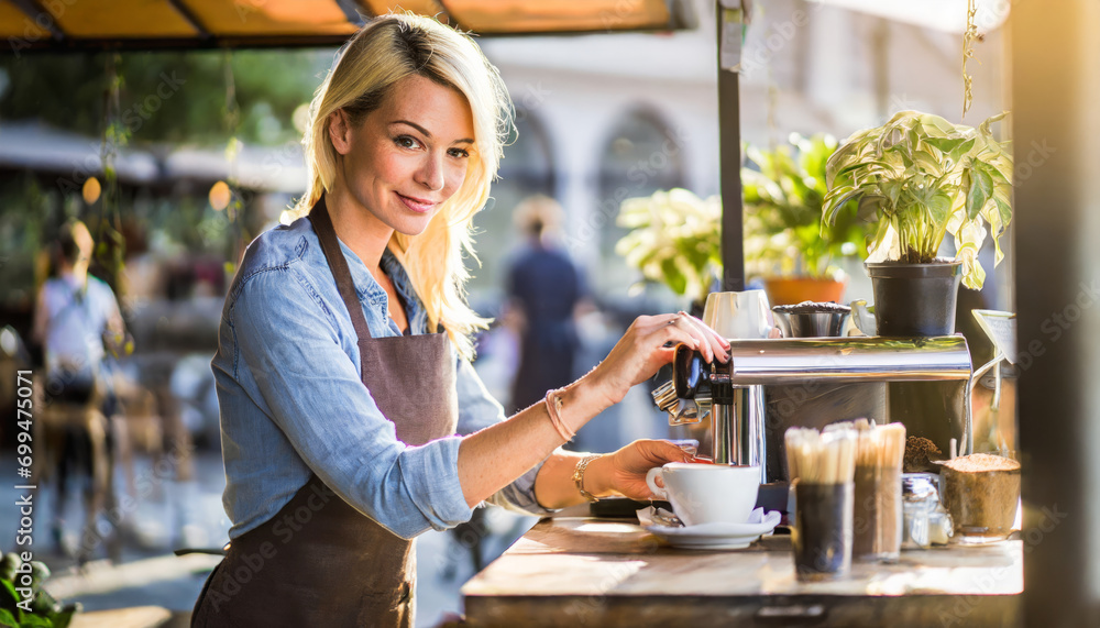 Professional Barista in a Coffee Shop: Portrait of a Pretty Female Employee Holding a Cup of Coffee Professional Barista in a Coffee Shop: Portrait of a Pretty Female Employee Holding a Cup of Coffee