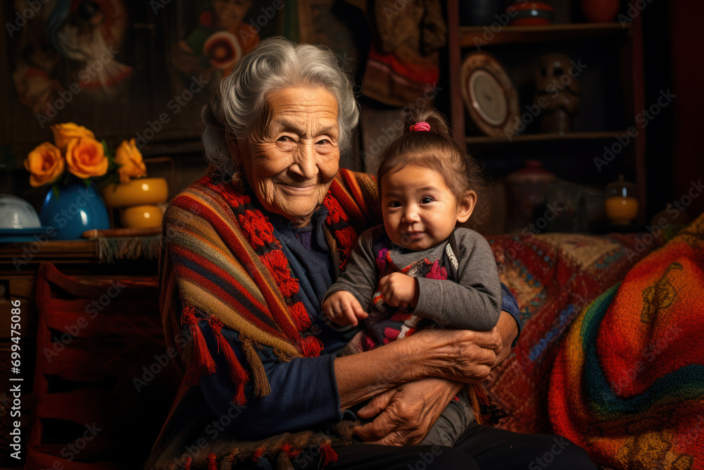 A very elderly Hispanic woman, about 90 years old, lovingly holding her newborn great-grandson in a vibrantly decorated living room, the surroundings rich with cultural heritage and familial love