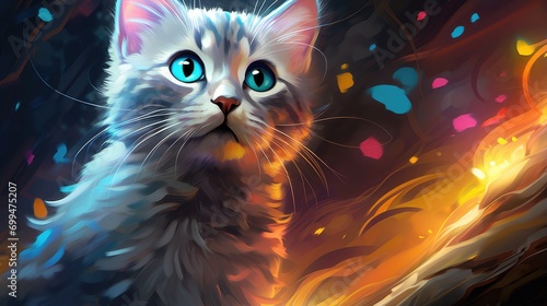 fantasy kitty gazing with wonder. colorful and luminous art perfect for children's books, animation, and creative design