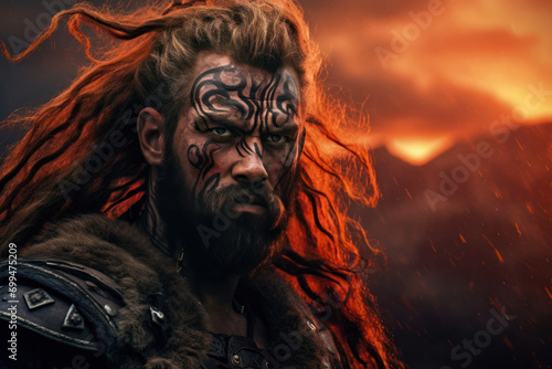 Viking berserker, a fearsome warrior in his early 30s, with his hair in disheveled, wild locks, accentuating his ferocious nature. His face is adorned with intimidating red and black war paint
