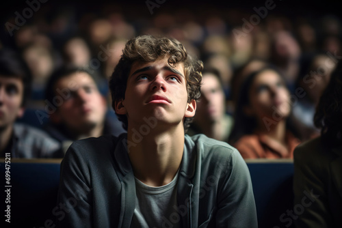 20-year-old autistic college student in a lecture hall, appearing distressed by the close proximity and chatter of other students, highlighting the sensory and social challenges in educational environ photo