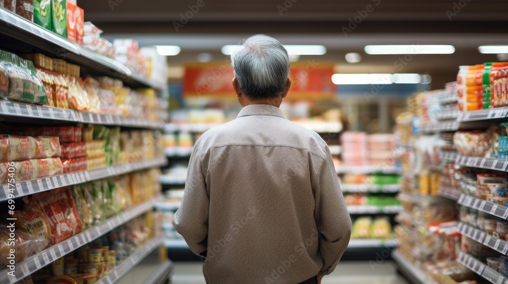 A photo of a senior old asian man shopping in supermarket and buying groceries and food products in the store. photo taken from behind his back