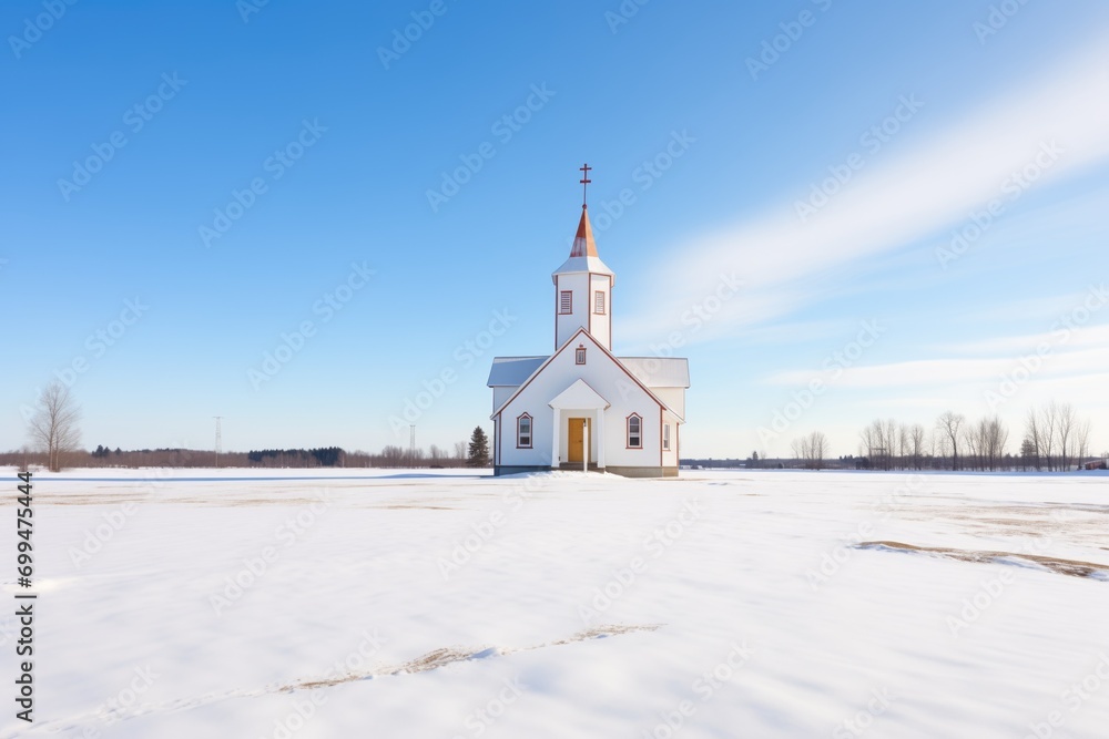isolated church in a field of untouched snow under clear sky